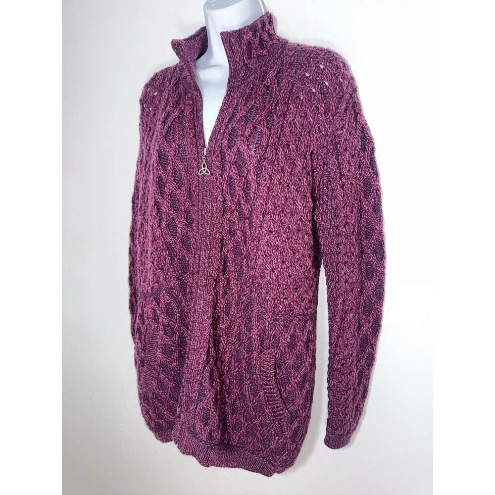 Aran Crafts Ireland Women XXL Merino Wool Zip Cardigan Sweater Fisherman Cable - Picture 2 of 10